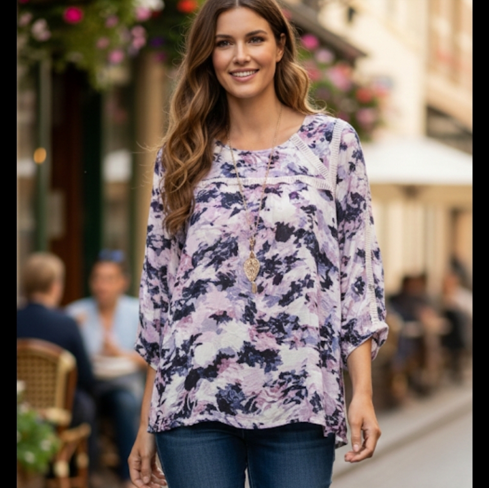 VINTAGE AMERICA Virginia Blues Purple Flowy Cottagecore Boho Peasant Top M NWT - Picture 13 of 13